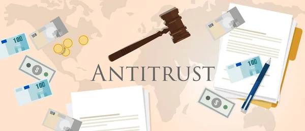 Diritto antitrust monopolio concorrenza martello carta e mercato monetario fiducia causa — Vettoriale Stock