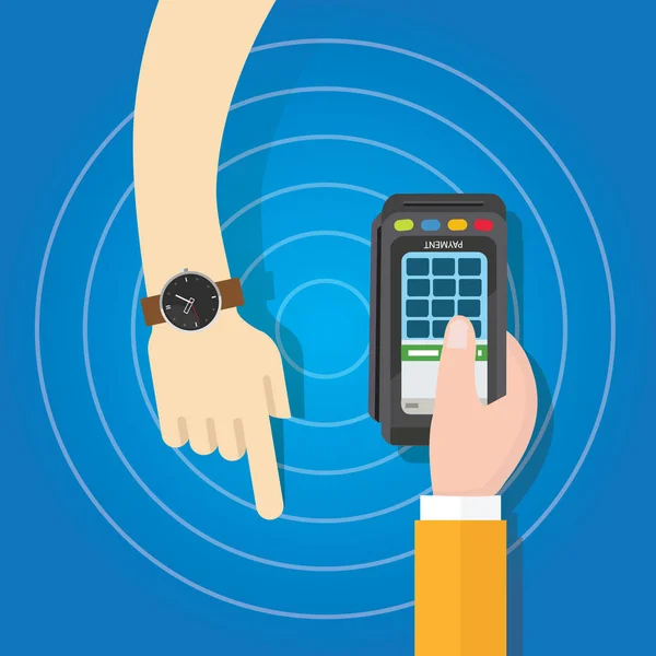 Pagamento usando o método de pagamento de relógio inteligente operação eletrônica mão segurando —  Vetores de Stock