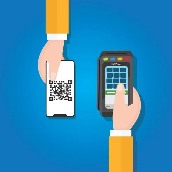 Betala med Qr kod i mobiltelefon betalning metod elektronisk transaktion hand innehav — Stock vektor