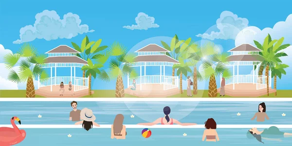 Ситуація з басейном люди сімейна дівчина чоловік жінка розважається відпустка щасливий на відкритому повітрі — стоковий вектор