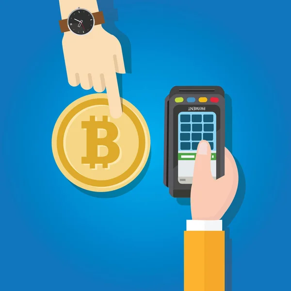 Bitcoin-Transaktion Zahlungsmethode Hand halten Maschine Terminal — Stockvektor