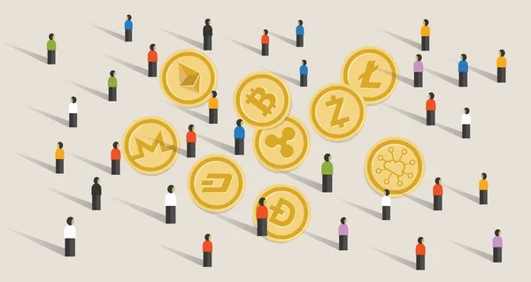 Multitud de personas bombo juntos criptomoneda conjunto de monedas bitcoin moneda digital moneda virtual intercambio financiero ilustración — Vector de stock