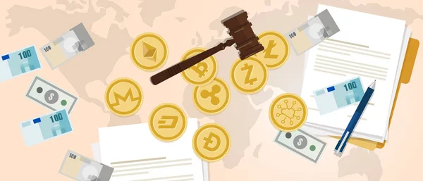 Legge aspetto legale del set di monete cripto-valuta bitcoin moneta digitale virtuale scambio di denaro illustrazione finanza — Vettoriale Stock