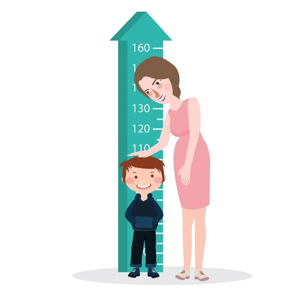 Measure child kid height mother woman ruler meter grow healthy full color — Stock Vector