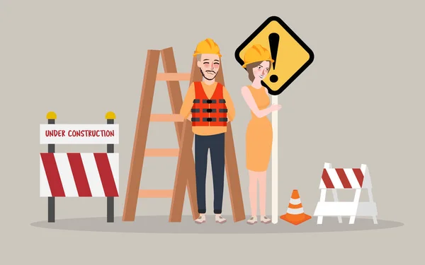 En construcción página hombre mujer trabajador en la construcción cerca de la carretera — Vector de stock