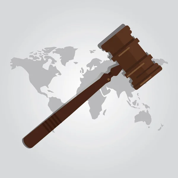Mezinárodní právo rozhodčího řízení stíhání jurisdikce země mapa světa dřevěné kladivo kladívkem spravedlnosti právní orgán případ rozsudku soudní spor — Stockový vektor