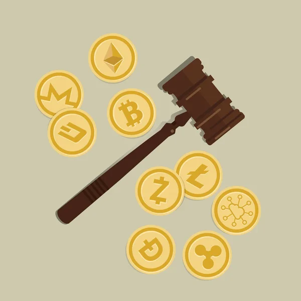 Bitcoin Kryptowährung Recht Aspekt Regulierung Gesetz Holz Hammer Hammer Hammer Hammer Justiz Rechtsbehörde Fall Urteil Klage — Stockvektor
