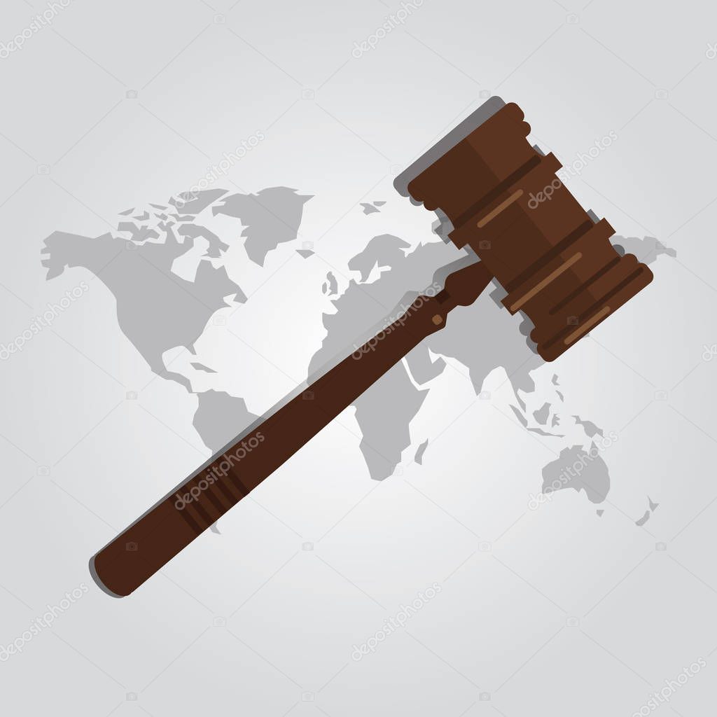 international law arbitration prosecution jurisdiction country world map wooden hammer gavel justice legal authority case verdict law suit