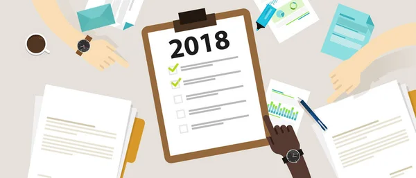2018 yeni yıl çözünürlük ve hedef onay listesi birlikte iş planlaması — Stok Vektör