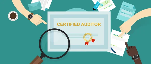 Auditor certificado en certificación financiera interna y empresa de tecnología de la información trabajando a mano en datos con lupa — Vector de stock