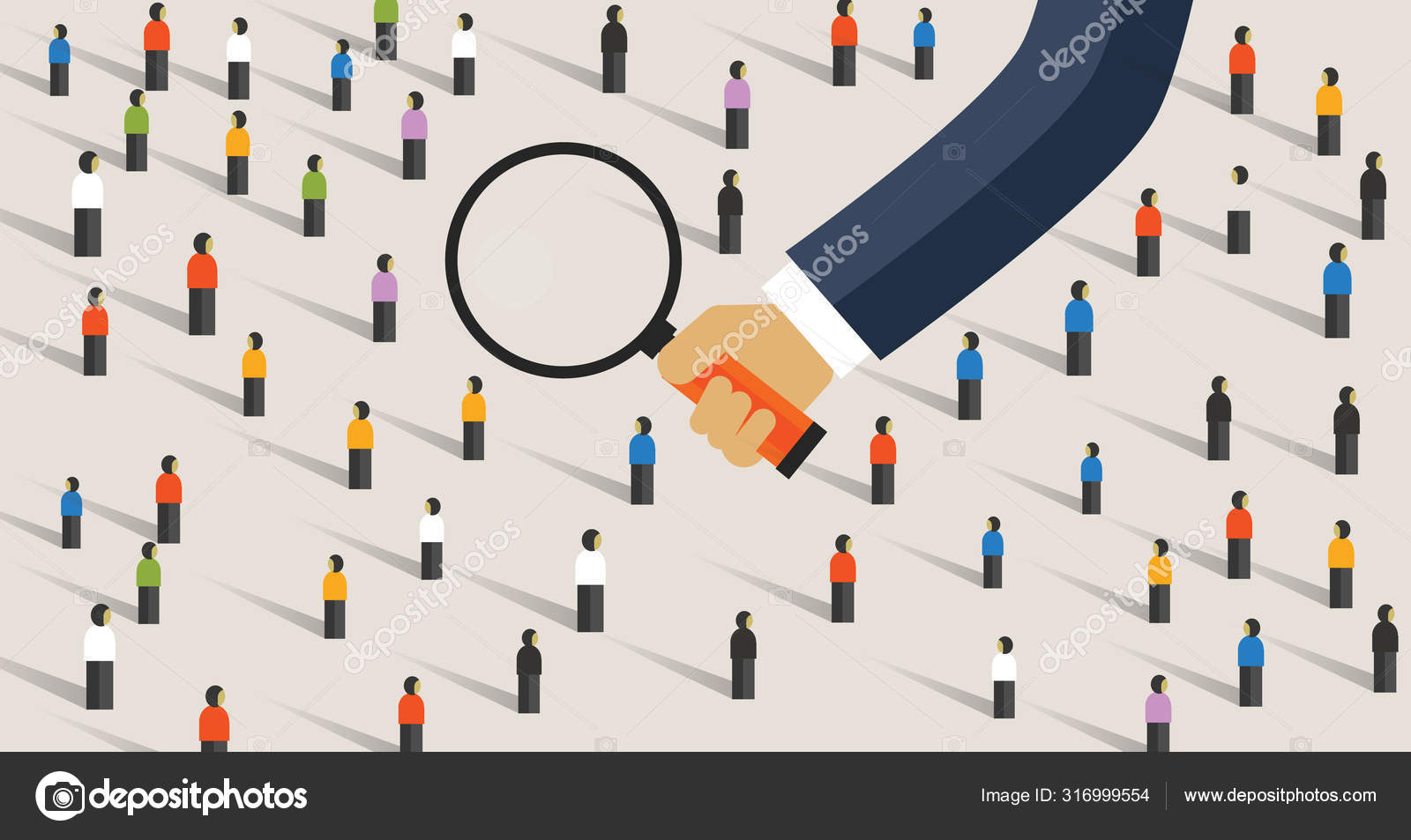 Hand magnify on crowd of people. Concept of recruitment candidate selection or market research 