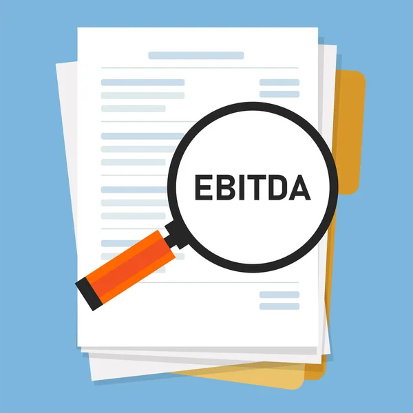 Ebitda-Ergebnis vor Zinsen, Steuern und Abschreibungen. Lupe und Papier des Jahresabschlusses mit Akronym innen — Stockvektor