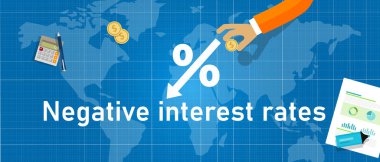 Negative interest rates in investment financial recession. Crisis monetary policy number below zero growth. World map hand holding money clipart