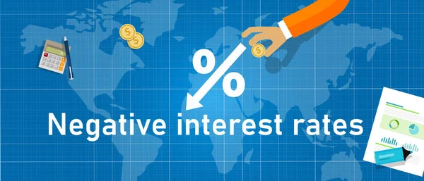 Negative interest rates in investment financial recession. Crisis monetary policy number below zero growth. World map hand holding money — Stock Vector