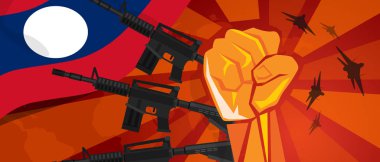 Laos war propaganda hand fist strike with arm weapon plane and flag. Vintage red symbol of aggression rebellion and army defense