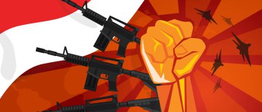 Indonesia Retro style of war propaganda hand fist strike with arm plane and flag. Vintage red symbol of aggression and rebellion