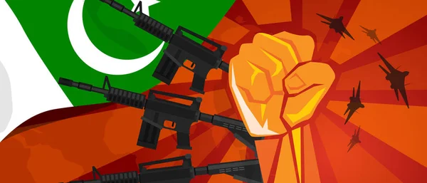 Пакистанская военная пропаганда нанесла удар кулаком с оружием и флагом. Винтажный красный символ восстания агрессии и обороны армии — стоковый вектор