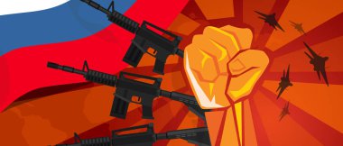 Russia war propaganda hand fist strike with arm weapon plane and flag. Vintage red symbol of aggression rebellion and army defense