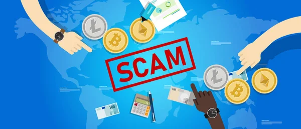 Cryptocurrency fraud investment scam. Crypto digital money transaction with safety risk — Stok Vektör