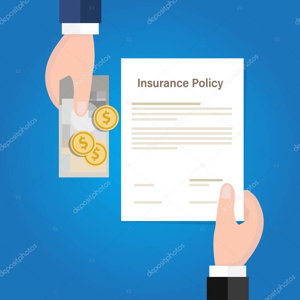 Selling insurance policy. Insurance claim transaction money. hand of agent holding paper document and money
