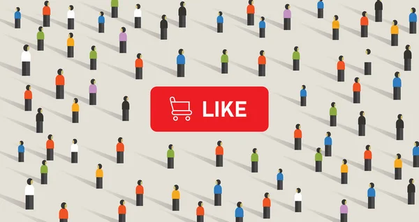 Kaufen Sie Likes in den sozialen Medien, um Aufmerksamkeit von der Menge zu bekommen. Warenkorb in Knopf — Stockvektor
