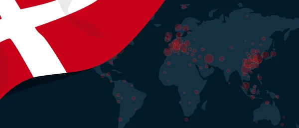 El virus Corona covid-19 pandemia brote mapa mundial propagado con la bandera de Dinamarca ilustración — Archivo Imágenes Vectoriales