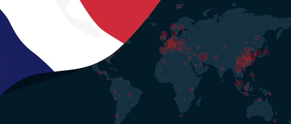 Ιός Corona covid-19 πανδημία ξέσπασμα παγκόσμιο χάρτη εξάπλωση με σημαία της Γαλλίας εικονογράφηση — Διανυσματικό Αρχείο