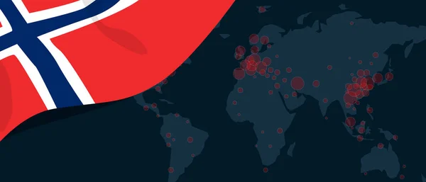 Virus Corona covid-19 pandemia brote mapa mundial propagación con bandera de Noruega ilustración noruega — Archivo Imágenes Vectoriales