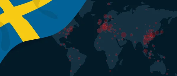 El virus Corona covid-19 pandemia brote mapa mundial propagado con la bandera de Suecia ilustración — Archivo Imágenes Vectoriales