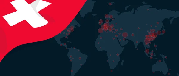 Brote pandémico del virus Corona covid-19 Mapa mundial extendido con la bandera de Suiza ilustración — Archivo Imágenes Vectoriales