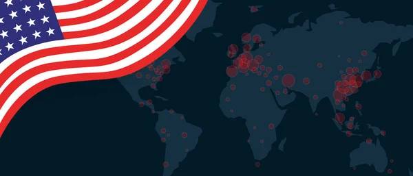 Corona virus covid-19 pandemie uitbraak wereldkaart verspreid met vlag van de VS Verenigde Staten van Amerika illustratie — Stockvector