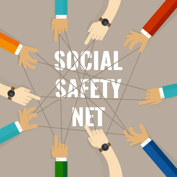 Οι υπηρεσίες δικτύου κοινωνικής ασφάλειας από το κράτος περιλαμβάνουν την κοινωνική πρόνοια, το επίδομα ανεργίας και την υγειονομική περίθαλψη για την πρόληψη της πτώσης των ατόμων στη φτώχεια — Διανυσματικό Αρχείο