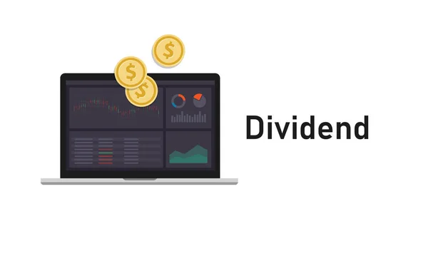 Dividendengelder, die ein Unternehmen seinen Aktionären regelmäßig aus seinen Gewinnen auszahlt. Bildschirm der Aktien Kerzenständer Chart und Geldmünze — Stockvektor