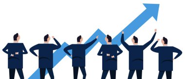 Piyasa ekonomisi satışlarında ve pazarda yükselen kar artışının oka işaret tablosu. Şirket çalışanlarından oluşan bir iş arkadaşı grubu....