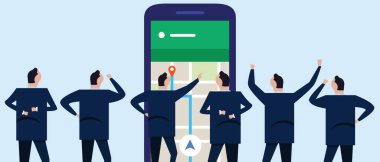 GPS haritalarında kablosuz takip yönü. Çalışanların birlikte telefona baktığı yer.