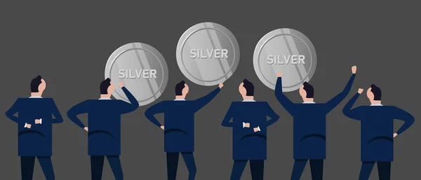 Hombre de negocios inversor mirando juntos el concepto de monedas de plata de la inversión de metales preciosos en los negocios — Vector de stock