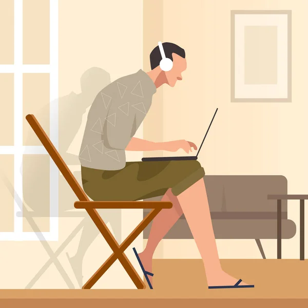 Εργασία από το σπίτι κάθεται στην καρέκλα, ενώ κοιτάζοντας την οθόνη του φορητού υπολογιστή και ακούγοντας ακουστικά — Διανυσματικό Αρχείο