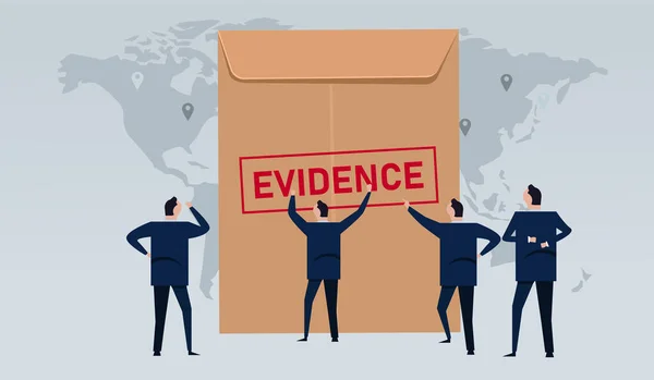 Avocat à la recherche de preuves estampillées en enveloppe brune concept de preuve en droit Cour internationale de justice — Image vectorielle