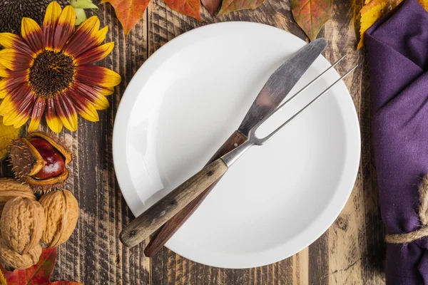 Herbst dekoriert rustikal Holz edel Tisch weiß Teller Text Raum — Stockfoto