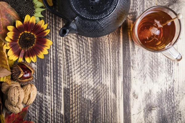 Herbst heißen frischen Tee schlechtes Wetter zu Hause gemütliche Cocooning-Konzept — Stockfoto