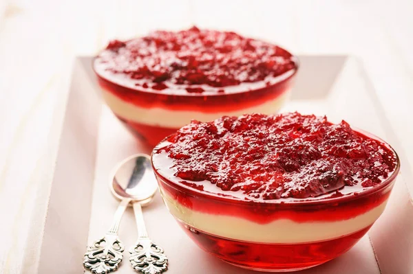 Berry dessert - berry jelly with vanilla pudding and cranberry jam. — Stock Photo, Image