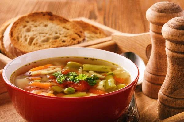 Вегетарианский овощной суп на подносе . — стоковое фото