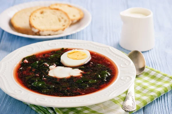 Sopa de beterraba fria caseira com ovo . — Fotografia de Stock