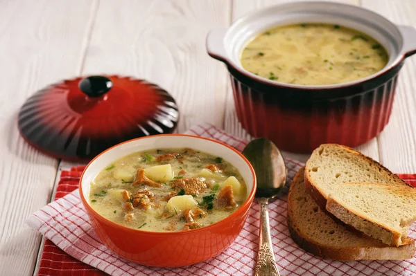 Cozinha vegetariana - sopa com batatas e cogumelos chanterelles . — Fotografia de Stock