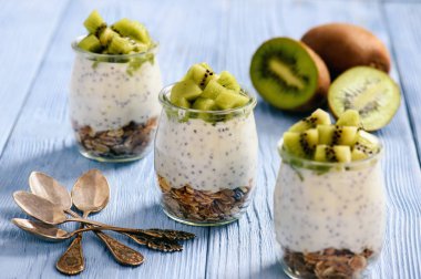 Chia tohum, müsli ve kivi meyve ile yoğurt.