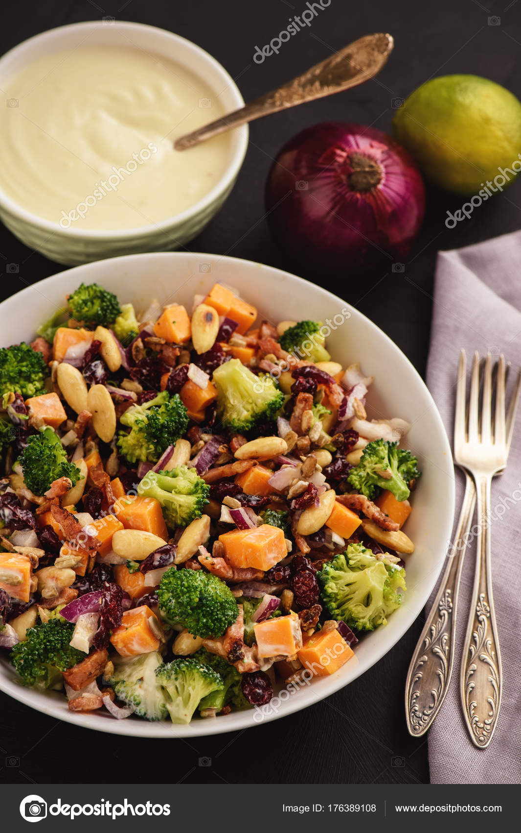 Broccoli Salad Yogurt Dressing Cheese Bacon Almond Cranberries Stock