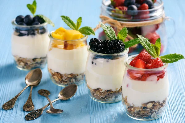 Természetes Joghurtot Müzlit Mango Bogyók — Stock Fotó