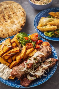 Souvlaki kızarmış patates, tzatziki sosu ve pita ekmeği ile servis edilir, Yunan mutfağı..
