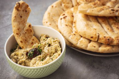 Eggplant spread with pita bread, greek cuisine.