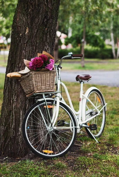 Bicicleta con flores en cesta — Foto de Stock